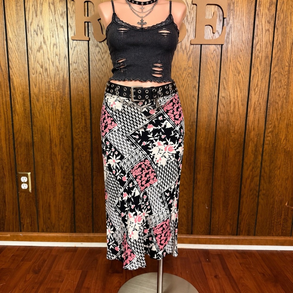 Y2K Floral Patchwork Midi Skirt Angie Women L Dark Coquette Romantic Soft Girl